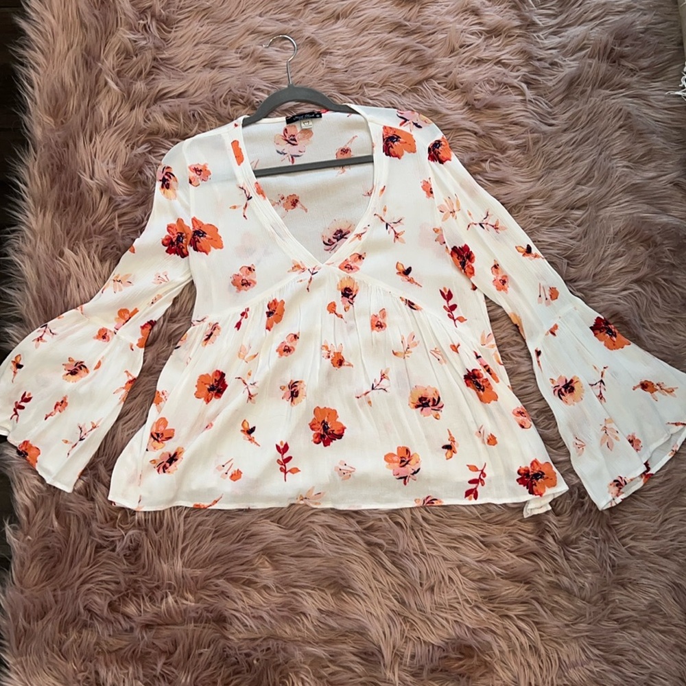 Flowy Floral V Neck Blouse with Bell Sleeves